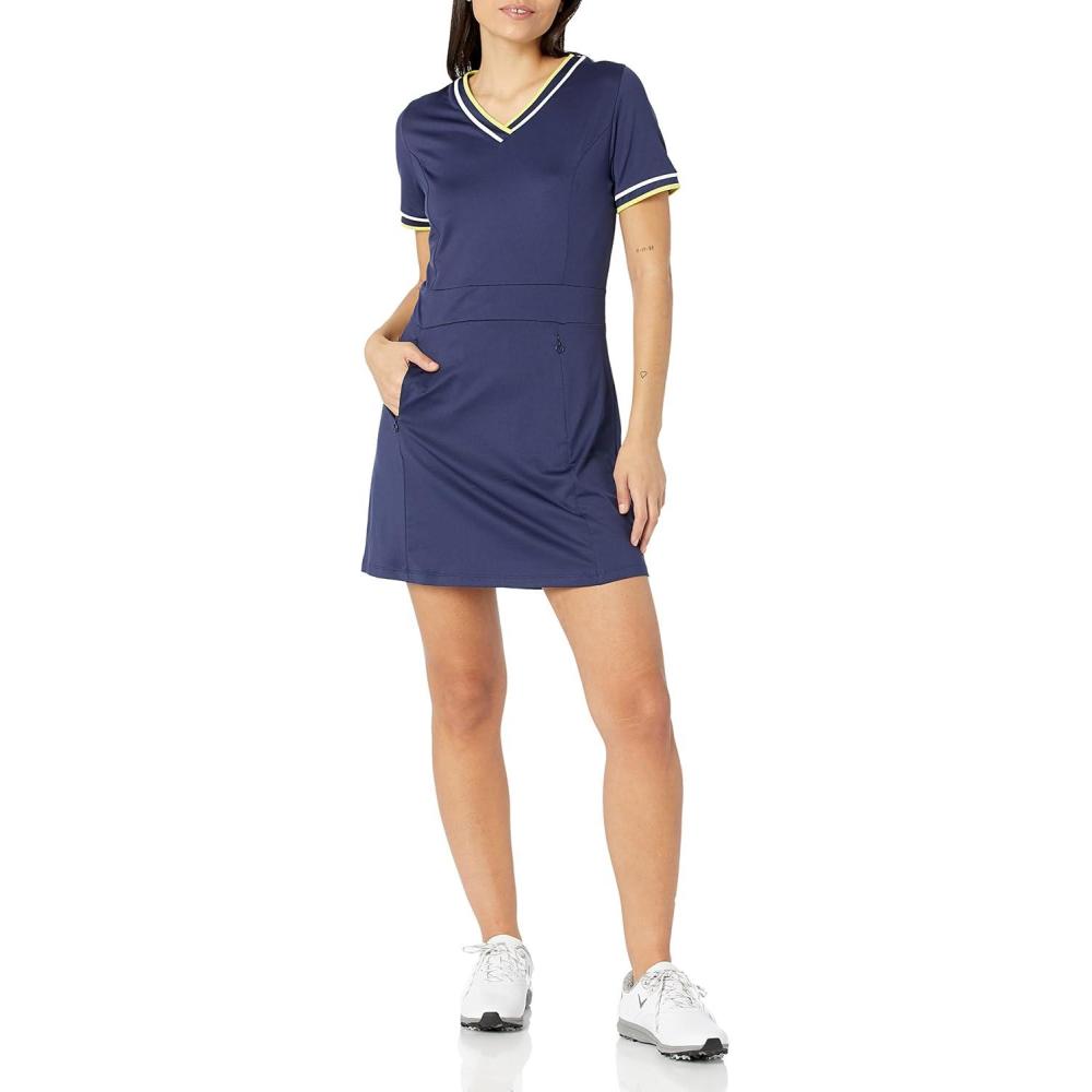 imageCallaway Womens VNeck Colorblock Short Sleeve Golf Dress with Truesculpt Stretch Fabric MoistureWicking Sun ProtectionPeacoat