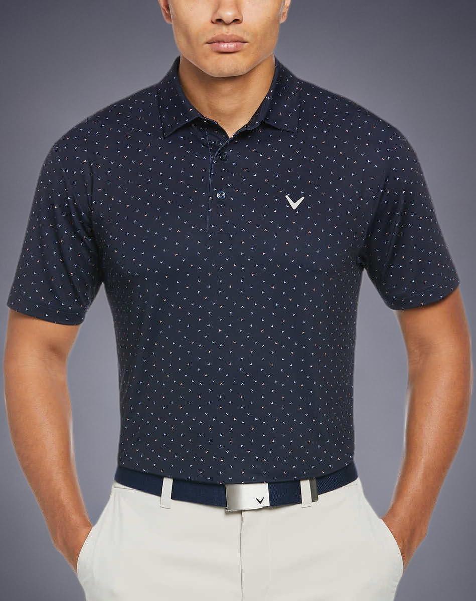 imageCallaway Mens Short Sleeve Core Performance Golf Polo Shirt with Sun ProtectionDark Blue Allover Logo Print