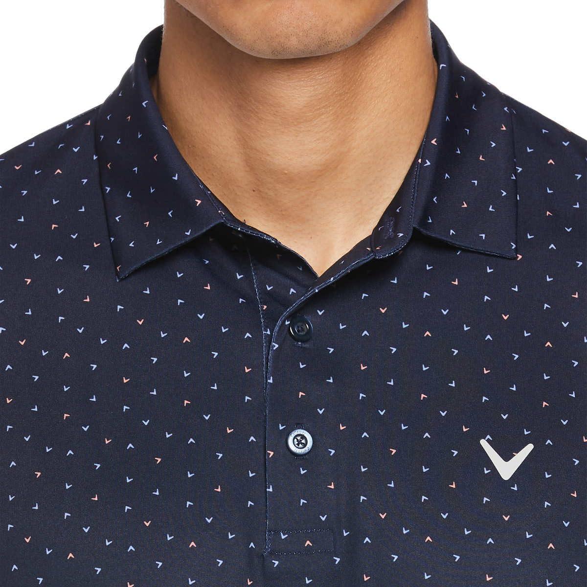 imageCallaway Mens Short Sleeve Core Performance Golf Polo Shirt with Sun ProtectionDark Blue Allover Logo Print