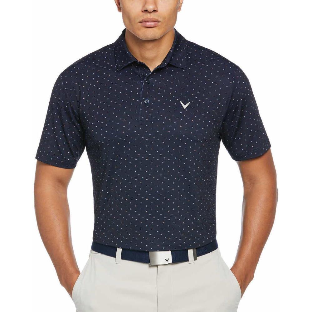 imageCallaway Mens Short Sleeve Core Performance Golf Polo Shirt with Sun ProtectionDark Blue Allover Logo Print